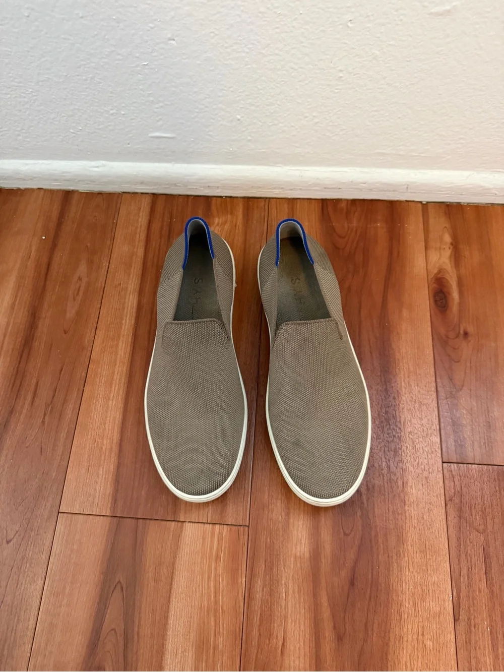 Rothy's Olive Knit Slip-On Loafers with Blue Heel Accent